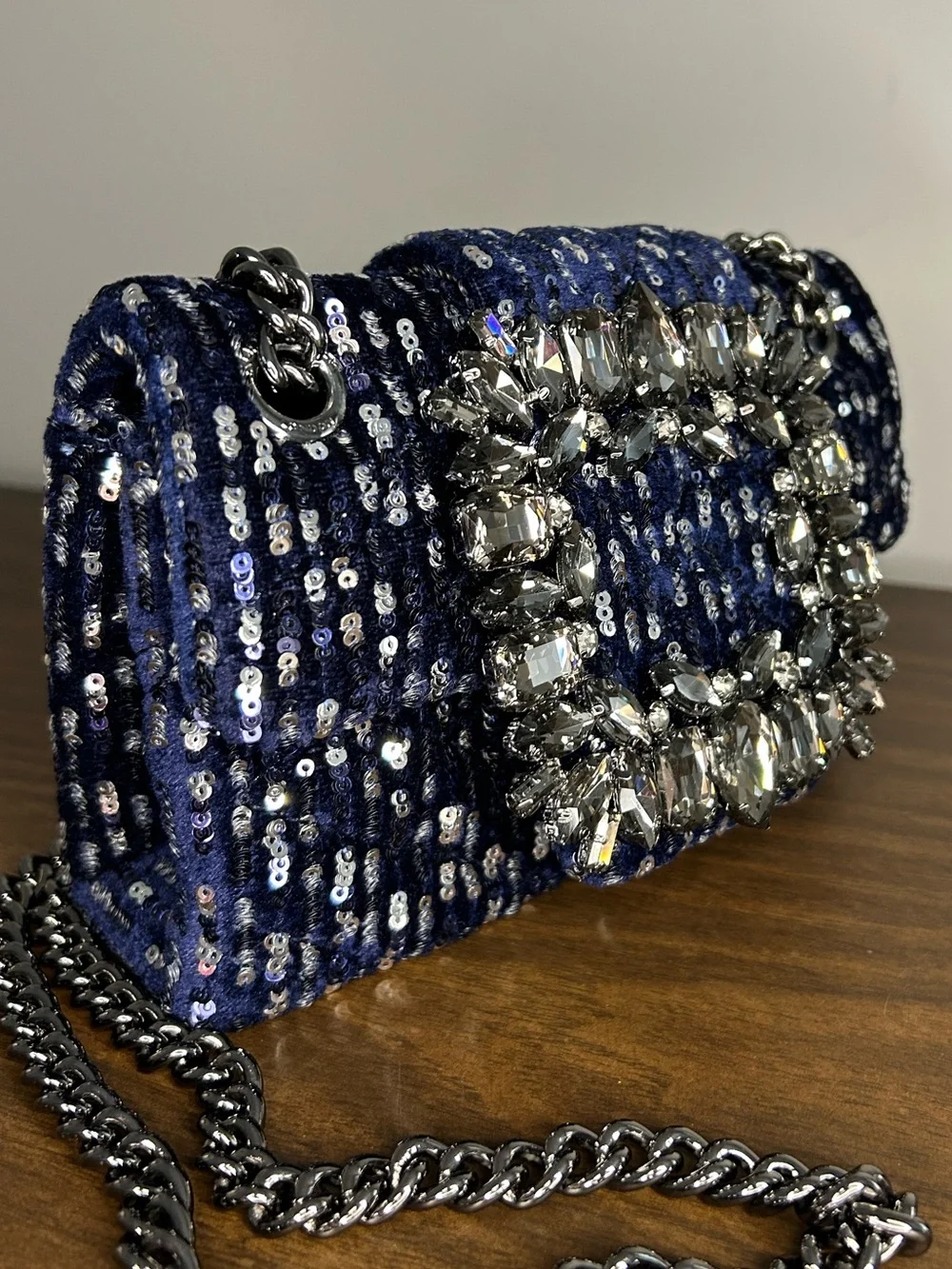 Kurt Geiger London Mini Mayfair Navy Sequin Crystal Embellished Crossbody NWT